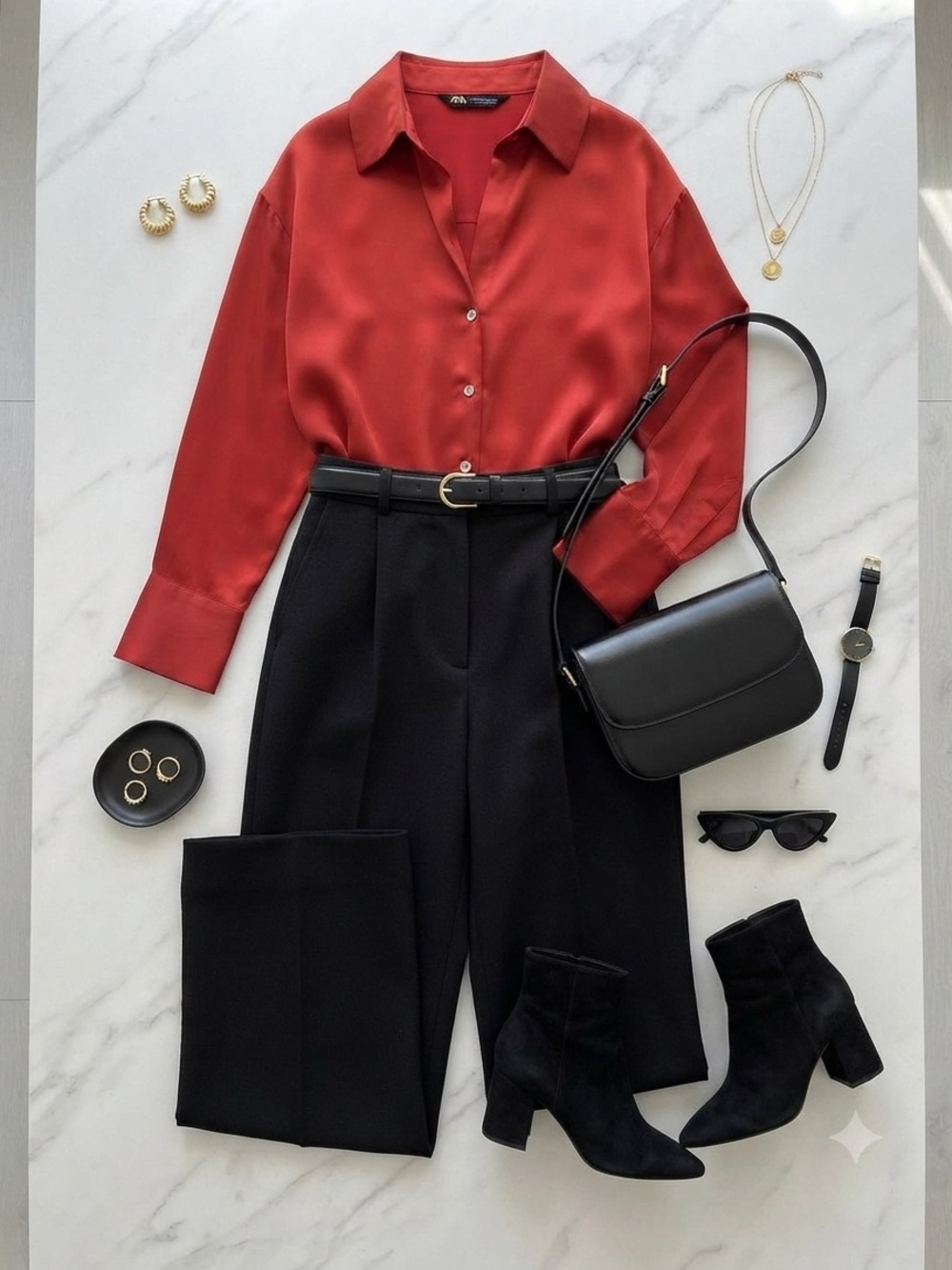 Silky Red Button-Front Blouse - Picture 2 of 4